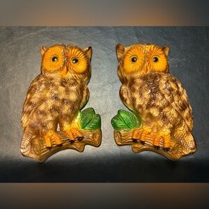 Set of Vintage 1970’s Chalk Owl Wall Hangings - Brown & Orange with Green Leaves